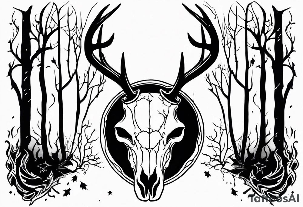 Halloween side profile of a DECAYING deer skull JUST BONE surrounded by a flames and trees in background tattoo idea
