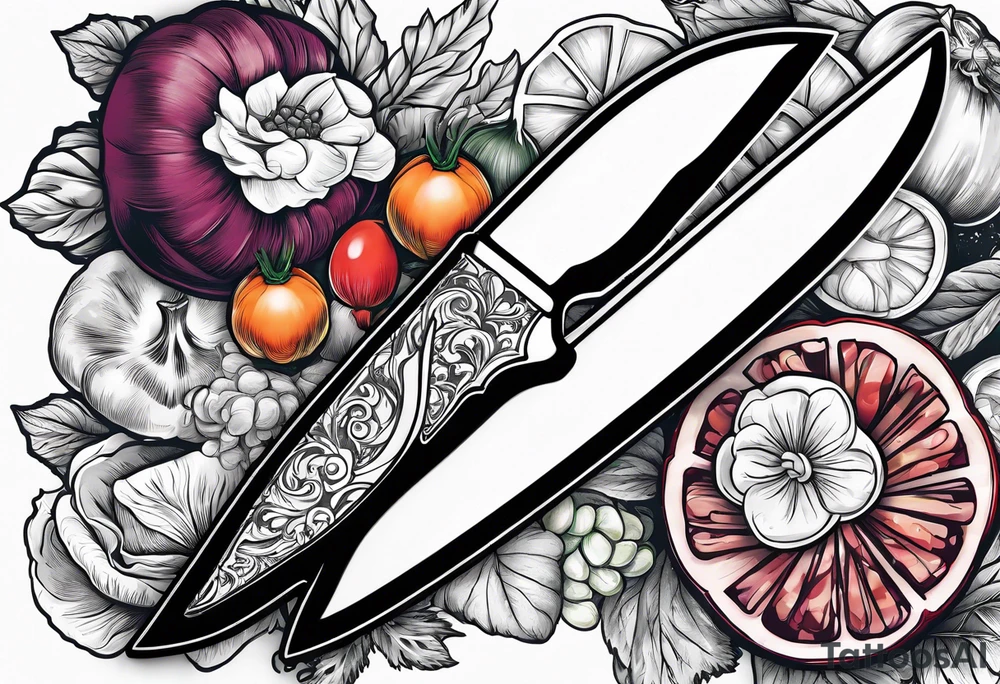 simple Chef knife with vegetables inside blade tattoo idea