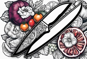 simple Chef knife with vegetables inside blade tattoo idea