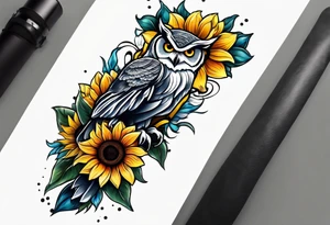 Arm sleeve with an owl and butterfly surrounded by 
sunflowers tattoo idea