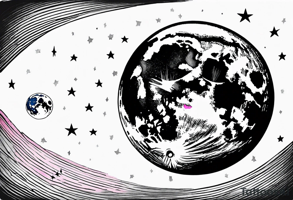 Full moon in black and white, 3 shooting stars going through moon. Two with blue lines in side the star and 1 with pink tattoo idea