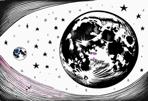Full moon in black and white, 3 shooting stars going through moon. Two with blue lines in side the star and 1 with pink tattoo idea