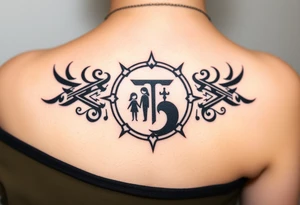 Magestic symbol of parents with 3 kids surrounded by geometric patterns, Gemini sign, and ying yang tattoo idea