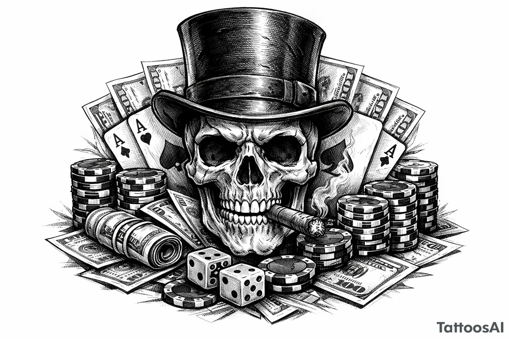 skull with cigar in his mouth,top-hat surrounded by poker-chips,paying cards and money. tattoo idea
