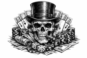 skull with cigar in his mouth,top-hat surrounded by poker-chips,paying cards and money. tattoo idea
