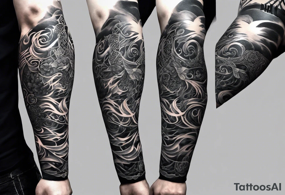 arm sleeve tattoo split into 3 different areas spiraling down the arm. the first area being Based on japanese Mythology. The 2nd one being based on Hindu mythology. and the 3rd one being based on celtic mythology tattoo idea