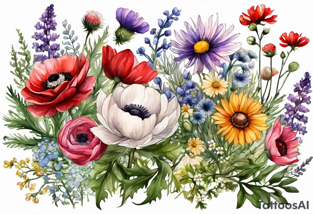 simple wildflowers with thistles, ferns, ranuculus, white anemones, sun flowers, red flowers, pink flowers, purple flowers, buttercups, babys breath, daisies, and greenery all in watercolor tattoo idea