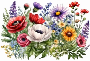 simple wildflowers with thistles, ferns, ranuculus, white anemones, sun flowers, red flowers, pink flowers, purple flowers, buttercups, babys breath, daisies, and greenery all in watercolor tattoo idea