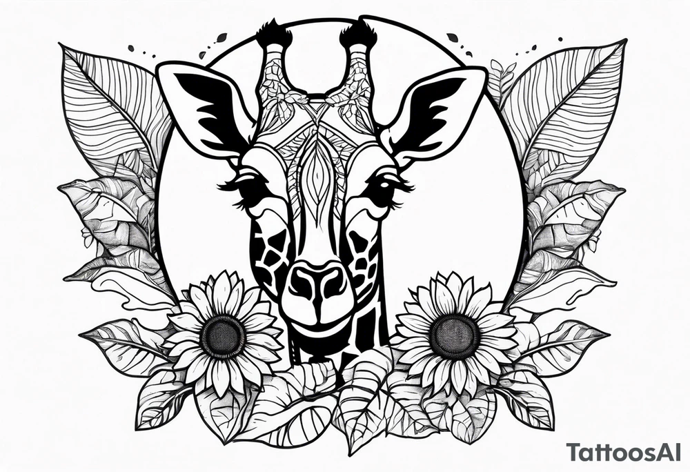 giraffe front view with sunflower and leafs forearm tattoo idea