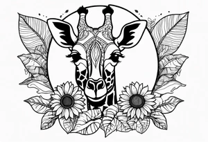 giraffe front view with sunflower and leafs forearm tattoo idea