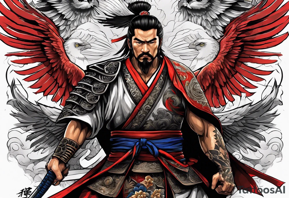 the seven virtues of bushido with Double headed Albanian eagle on his shoulder tattoo idea
