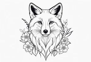 sitting fox, full body, realistic, hydrangeas tattoo idea