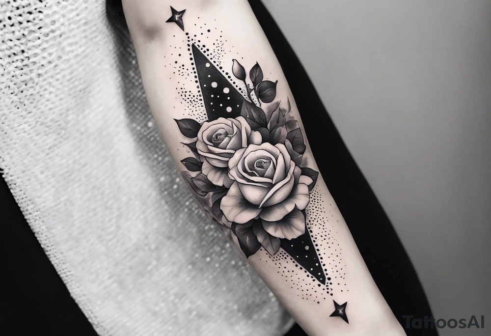 Vertically elongated tesseract with small roses and stars around it tattoo idea