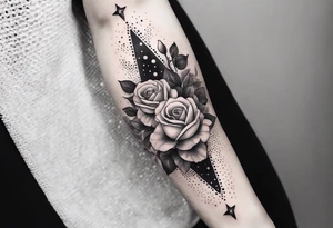 Vertically elongated tesseract with small roses and stars around it tattoo idea