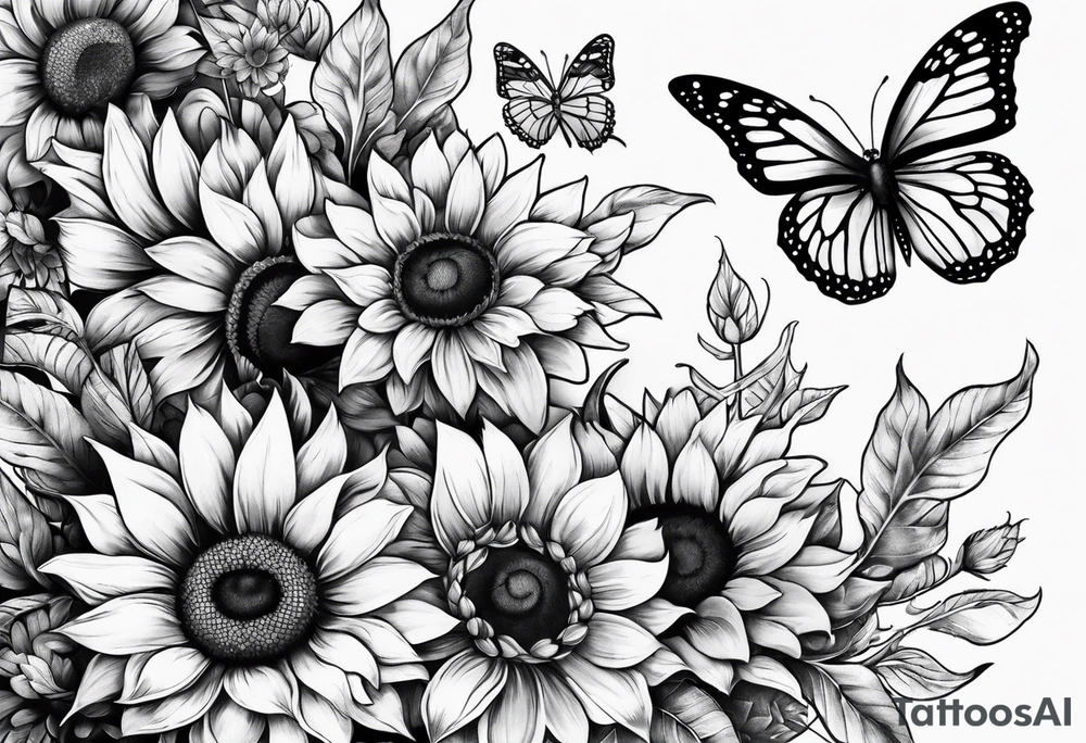 Half sleeve with sunflowers and butterflies tattoo idea
