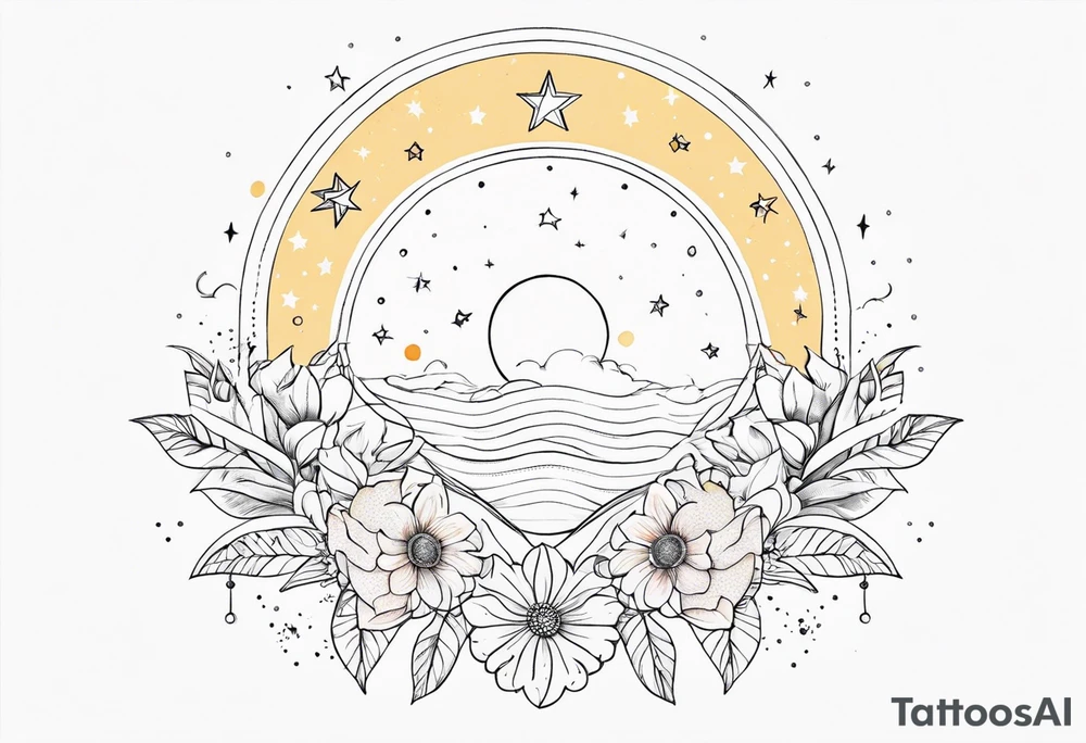 fine line with sun, stars, floral, dots. Sternum tattoo tattoo idea