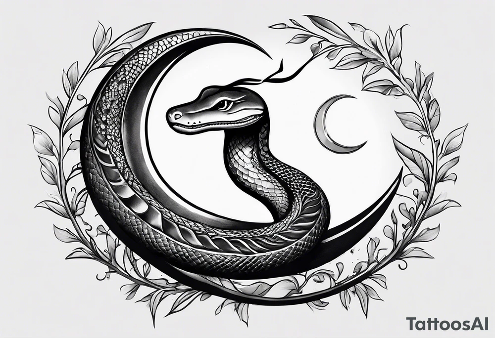 A snake wrapped around a crescent moon, which is connected to the sun which has a cardinal in it, minimalistic tattoo idea