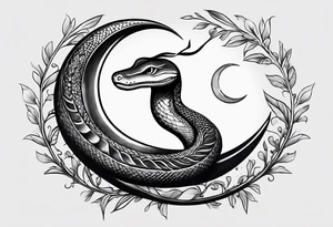 A snake wrapped around a crescent moon, which is connected to the sun which has a cardinal in it, minimalistic tattoo idea