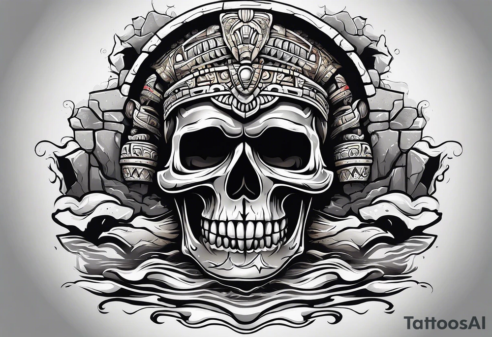 Mayan skull with mouth as cave with water coming out tattoo idea