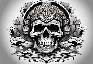 Mayan skull with mouth as cave with water coming out tattoo idea