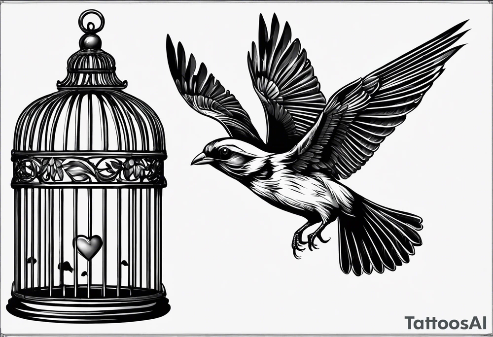 An open bird cage with a beautiful bird flying out of it. Front facing, it should be looking into the cage with the bird flying toward you out of the cage tattoo idea