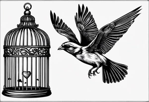 An open bird cage with a beautiful bird flying out of it. Front facing, it should be looking into the cage with the bird flying toward you out of the cage tattoo idea