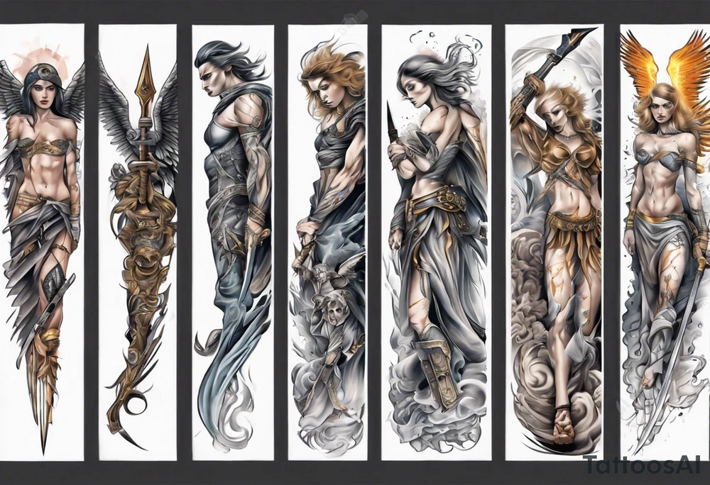 Full arm sleeves with warrior angels on it tattoo idea