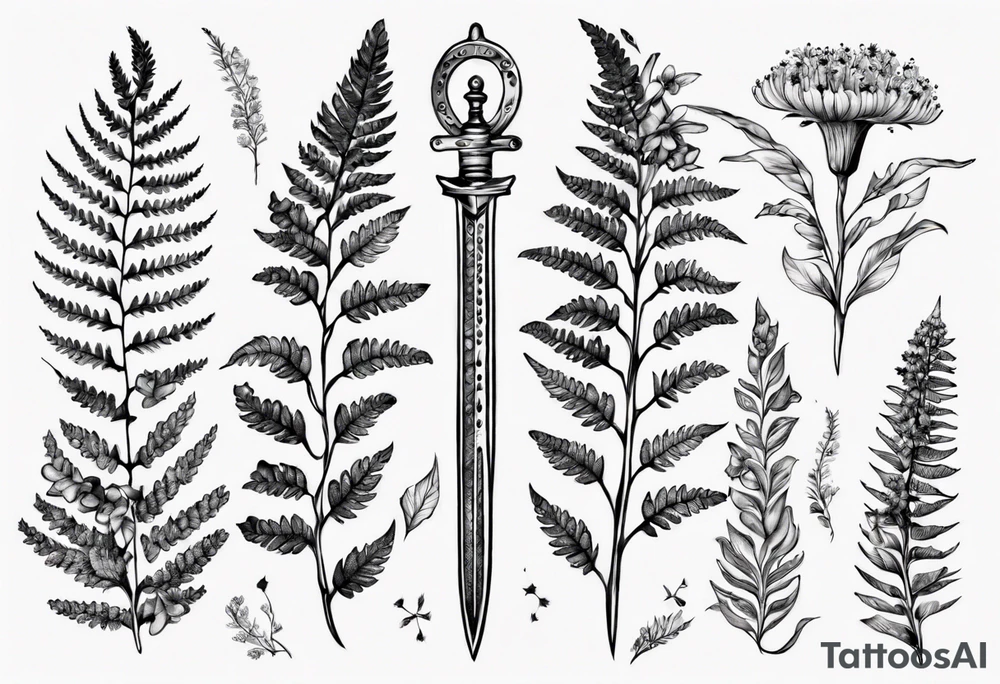 Sword fern and Vancouver island wildflowers tattoo idea