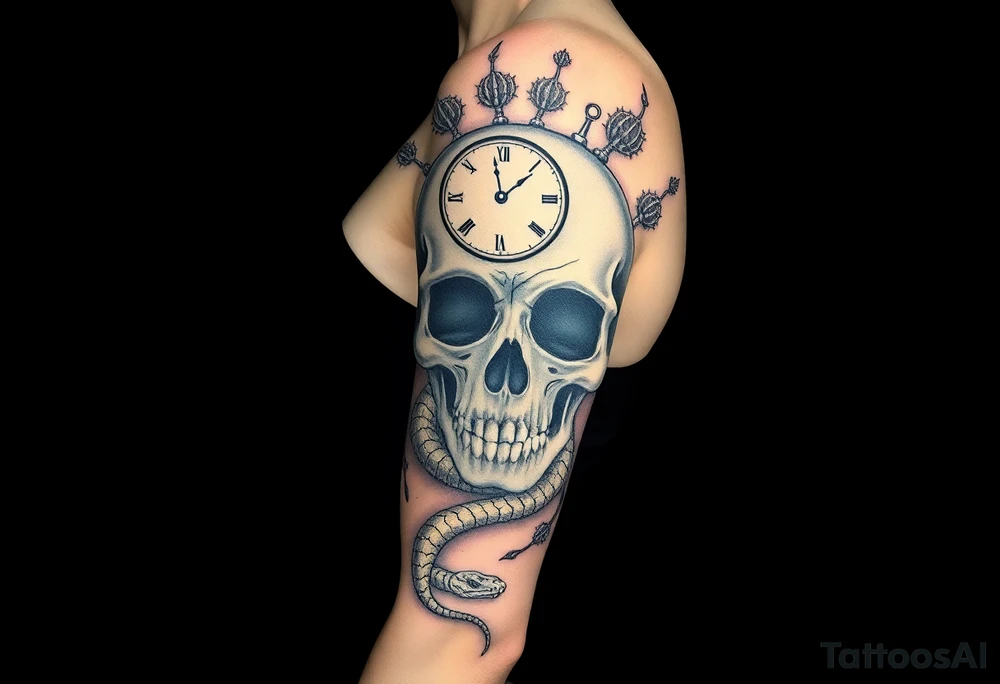 Skull with a snake through its eyes or mouth surrounds include a clock and prickly vines tattoo idea