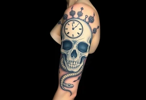 Skull with a snake through its eyes or mouth surrounds include a clock and prickly vines tattoo idea