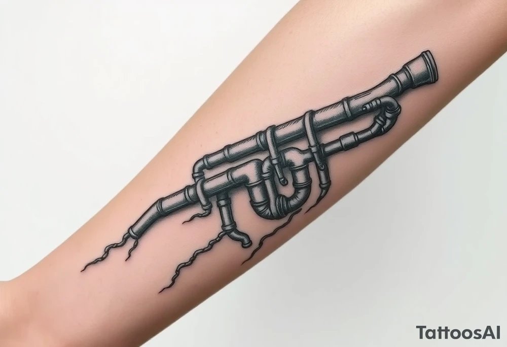 Top pipe starts closer to the elbow, long System of pipes that transitions and transforms into veins of forearm tattoo idea