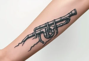Top pipe starts closer to the elbow, long System of pipes that transitions and transforms into veins of forearm tattoo idea