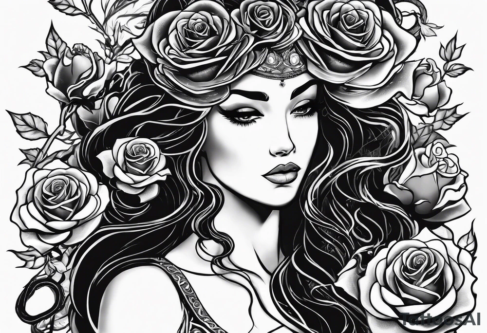 Medusa black roses, her story, just her head, rare, unique Mystic, mythical snakes, scales black shadow Beauty tattoo idea