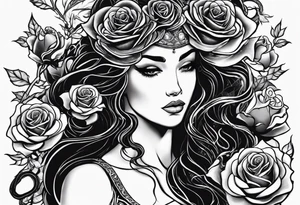 Medusa black roses, her story, just her head, rare, unique Mystic, mythical snakes, scales black shadow Beauty tattoo idea