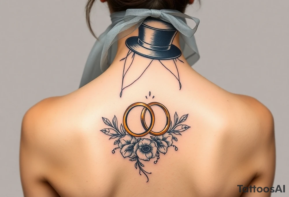 top hat and veil with two golden wedding rings tattoo idea