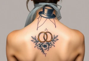 top hat and veil with two golden wedding rings tattoo idea