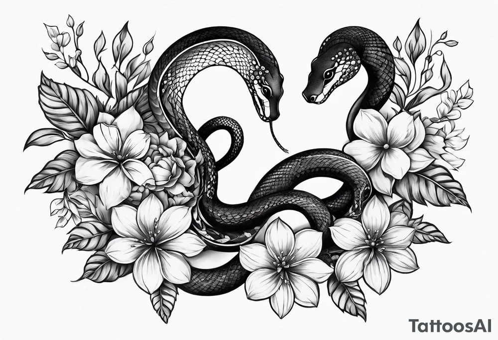 small simple snake with large flowers and long vines extending up and down tattoo idea