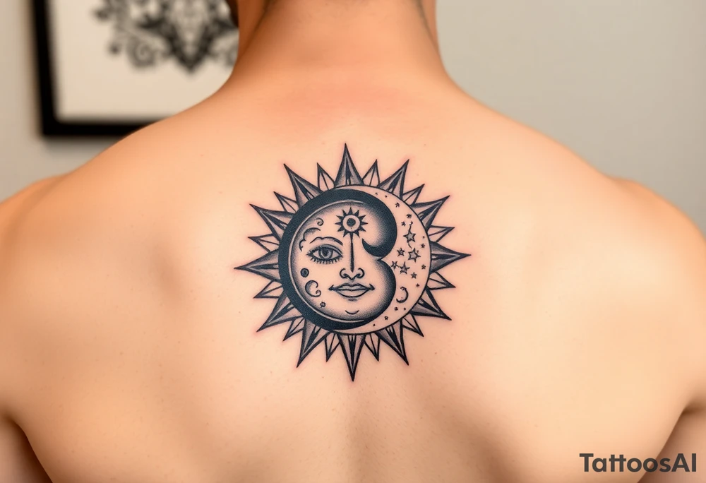 celestial sun and moon embrace with constellation patterns tattoo idea