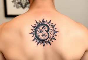 celestial sun and moon embrace with constellation patterns tattoo idea