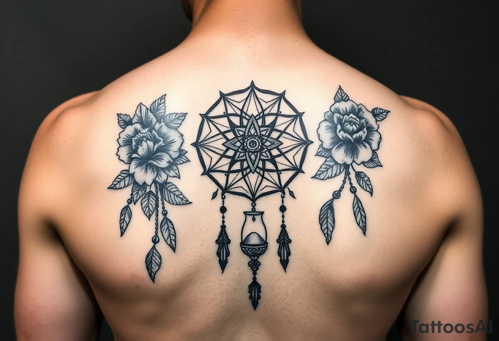 Boho dream catcher with gothic compass and hourglass. Beautiful flowers and an ornamental chandelier like look tattoo idea
