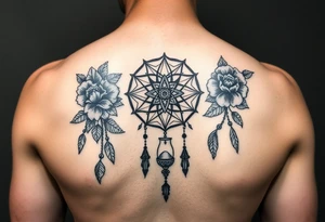 Boho dream catcher with gothic compass and hourglass. Beautiful flowers and an ornamental chandelier like look tattoo idea