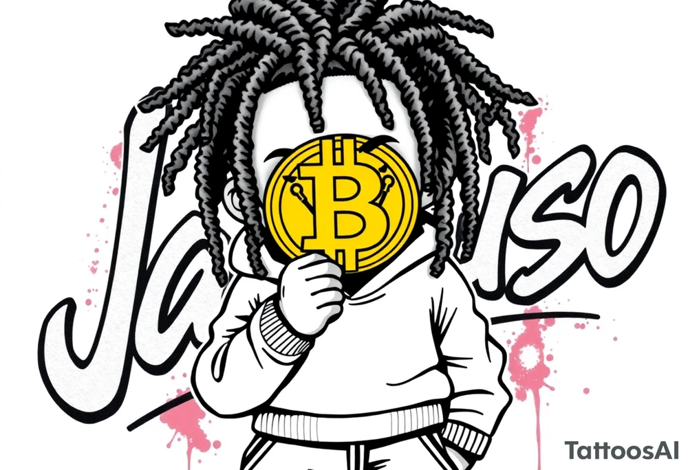 Create a tattoo stencil Use a street-art / pop-art vibe with a cartoon figure with dreadlocs holding a bitcoin to cover his eyes have bold lines, “x” for eyes. make them have on a hoodie and jogger sweatpants have in the background in graffiti letters “Jaruso”. Can you make this person a sneakerhead tattoo idea