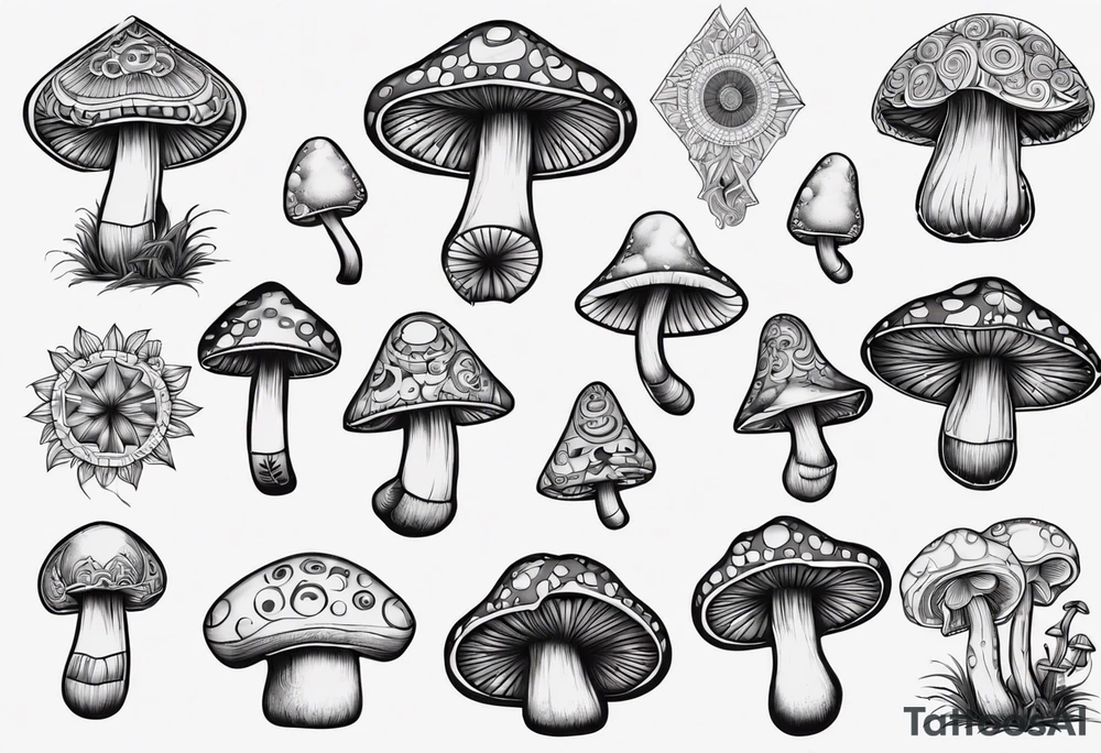 mushrooms out of book, psychedelic, mandala tattoo idea