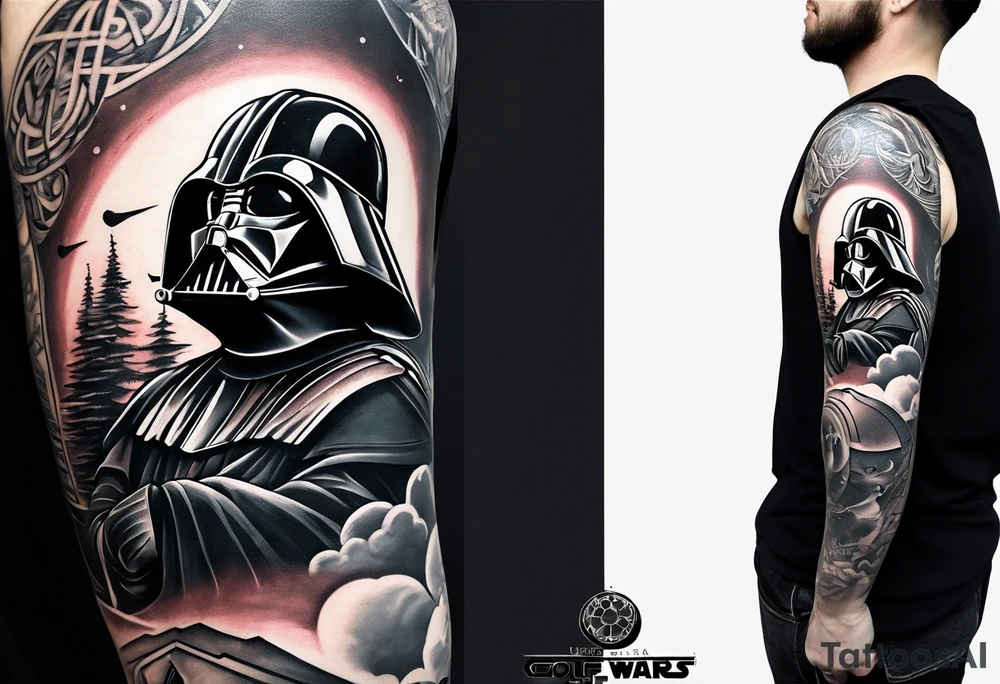 An upper sleeve shoulder tattoo that combines a love for Star Wars and a love for Golf tattoo idea