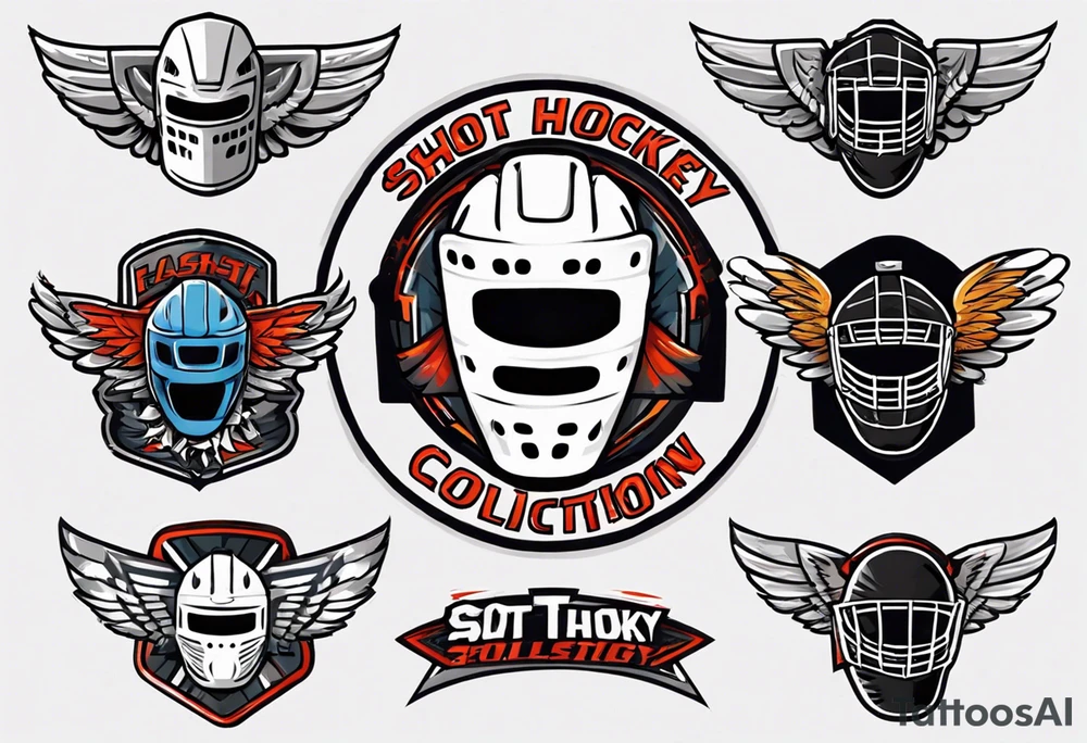 hockey puck with wings and a goalie mask that says "SHOT HOCKEY" tattoo idea