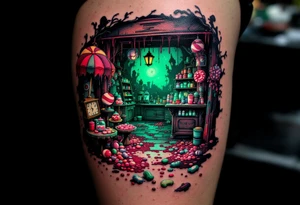 Tim Burton’s candy shop is abandoned and dripping with muted reds, dusty pinks, and eerie green glow. tattoo idea