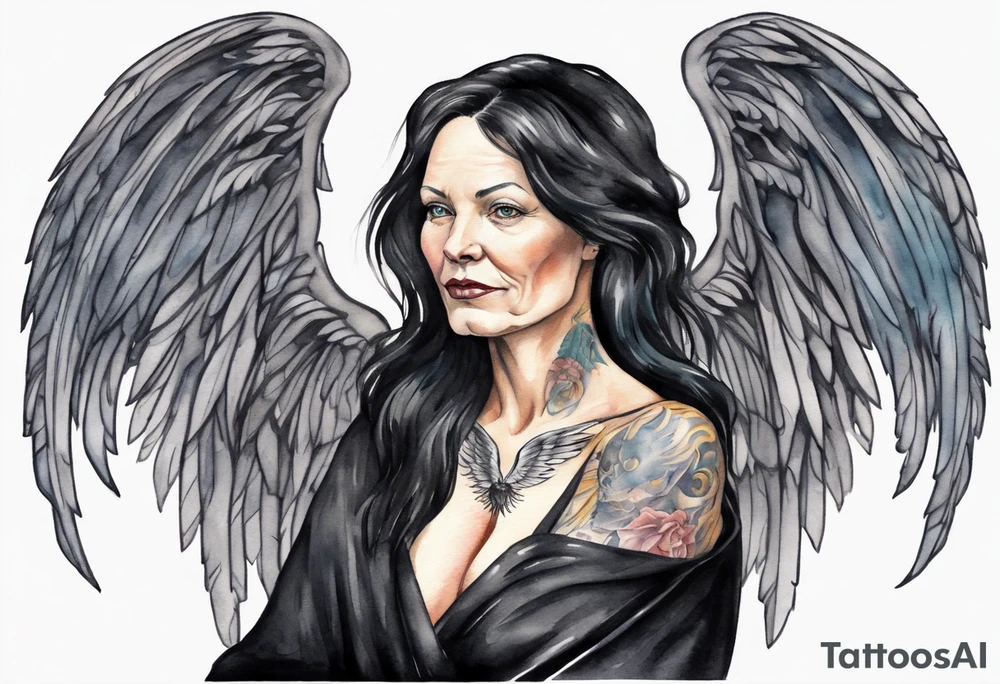 a beautiful 50 year old Dakota woman with pale skin wearing a black robe with black angel wings, bare feet tattoo idea
