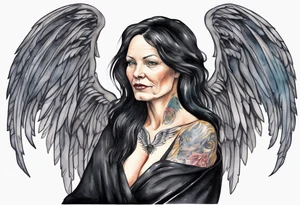 a beautiful 50 year old Dakota woman with pale skin wearing a black robe with black angel wings, bare feet tattoo idea