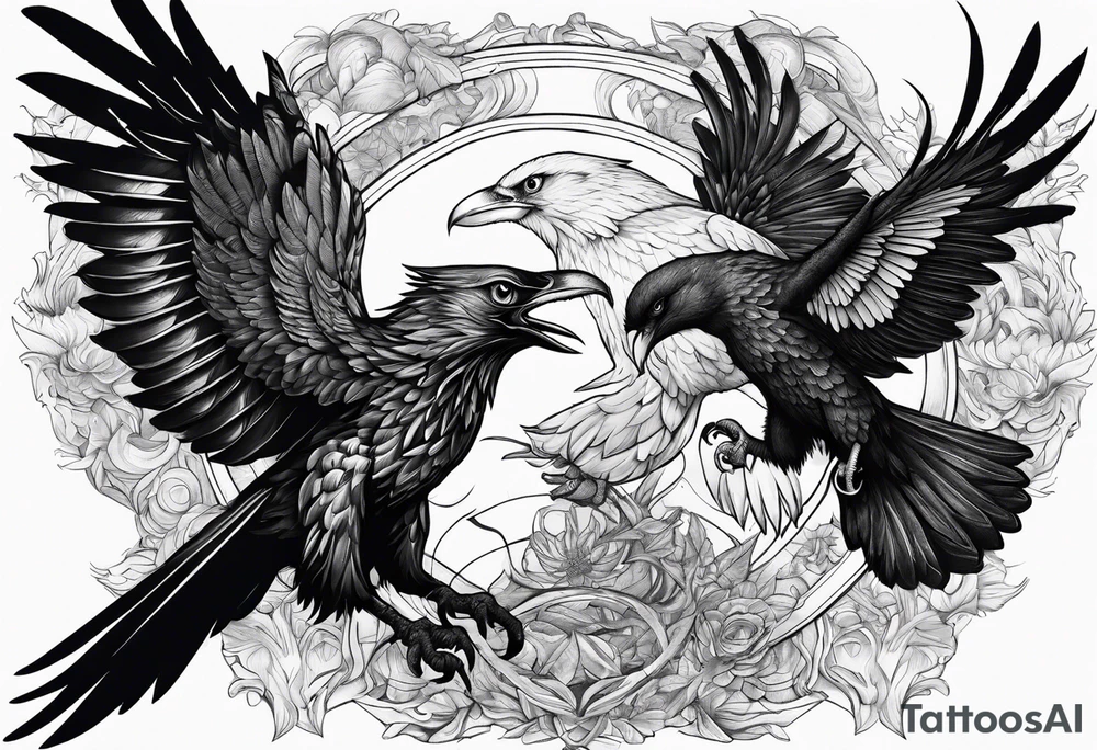 Pheonix and raven fighting with owl flying in at them tattoo idea