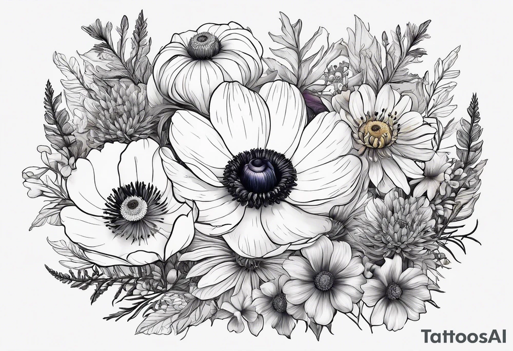 one white anemone with black center in the middle of mixed colorful wildflowers all with different shapes including thistles, ferns, ranuculus, and sun flowers tattoo idea